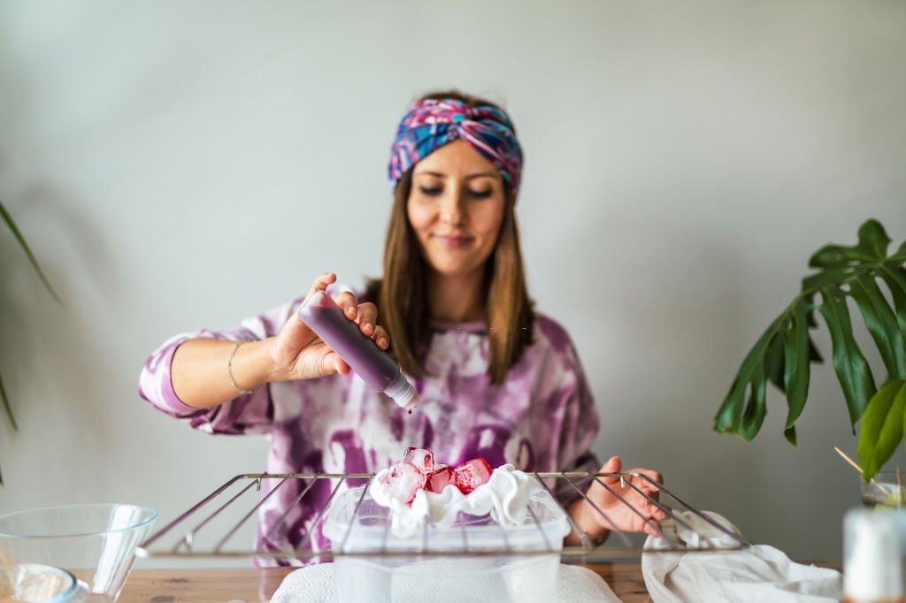 Close-up of silk fabric being dyed with acid dyes