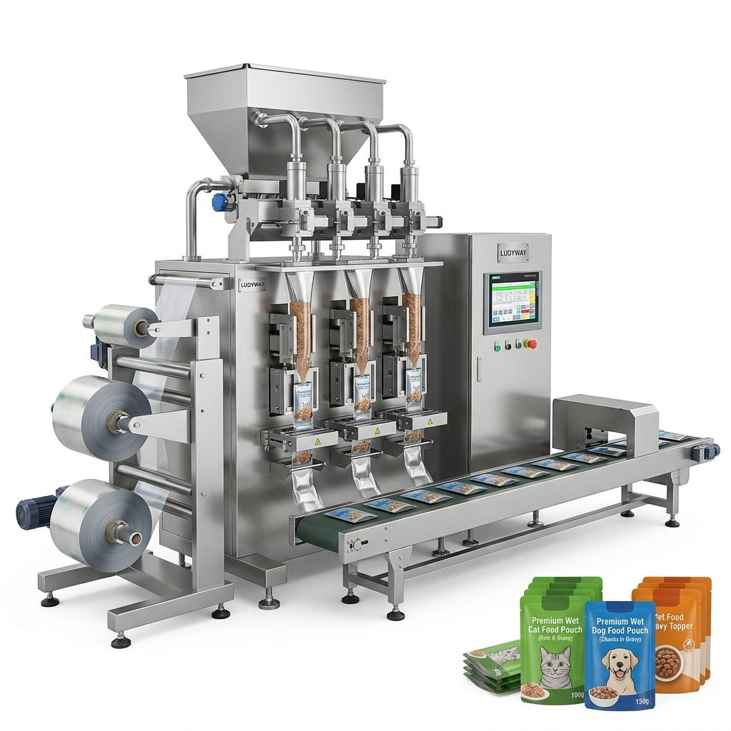 Automated Multi Lane Wet Pet Food Pouch Packaging Line for High Speed Production from PackingMachineOEM
