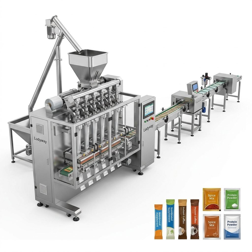 Fully automatic powder packaging lines for multi-lane sachet and stick pack production