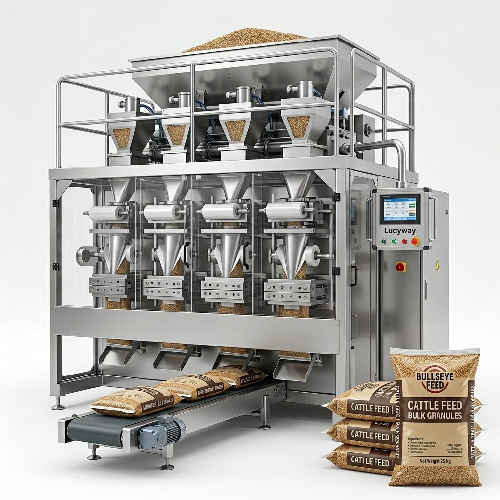 Multi Lane Automated Cattle Feed Packaging System for Bulk Granules