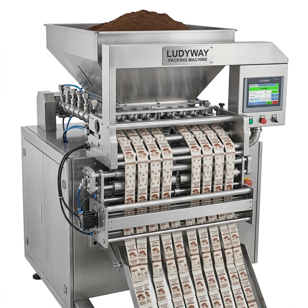 Multi-lane powder packing machine for mushroom powder sachet filling