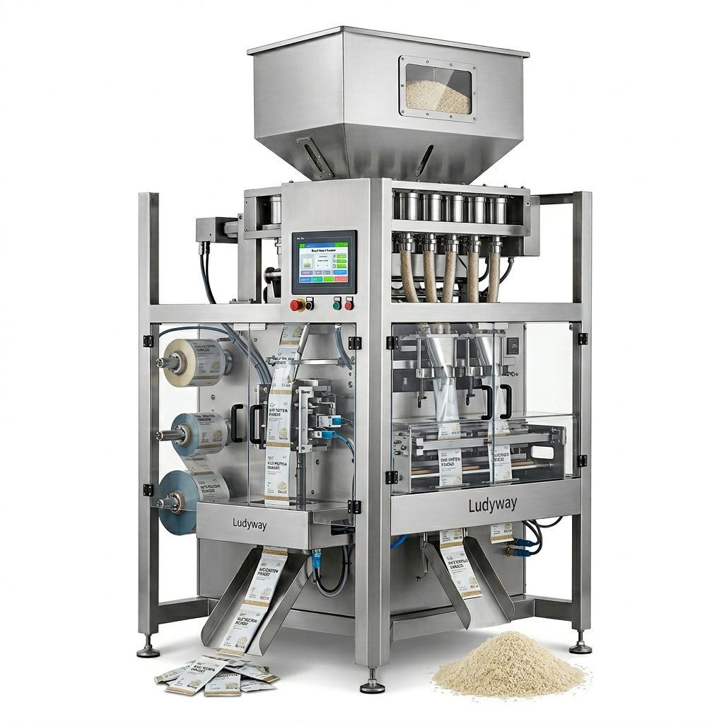 Multi-lane sachet packaging system for rice protein powder